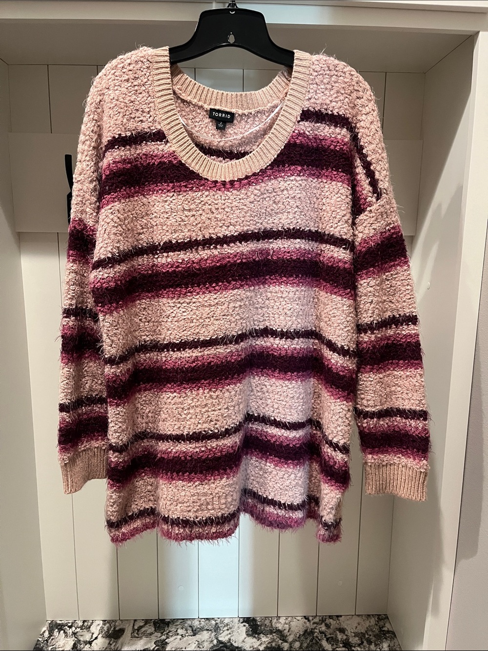 NEW torrid Pink Bouclé Stripe Crewneck Sweater with Berry Accents